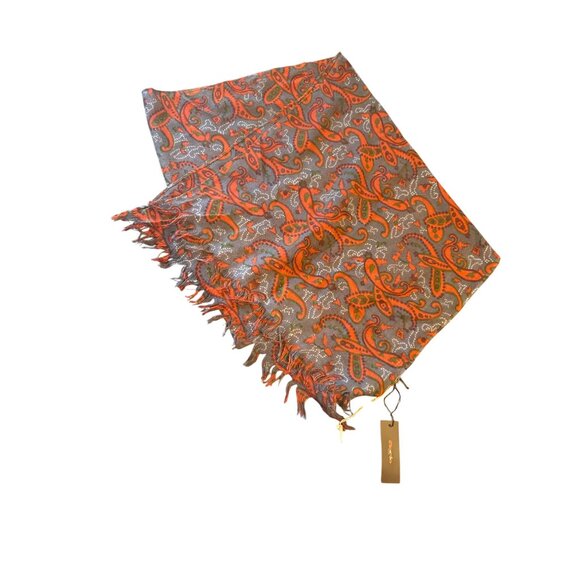 Fiorio Milano Paisley Wool Scarf Gray & Orange 100% Wool Lightweight Fringe Edge - Picture 1 of 5